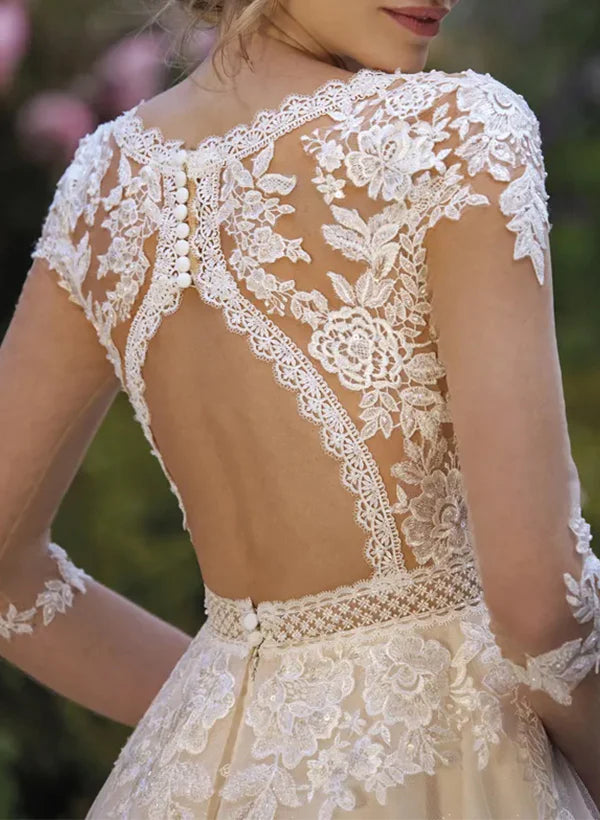 Luolandi A-Line V-Neck Wedding Dresses With 3/4 Sleeves Lace/Tulle Appliques Lace/Back Hole Elegant