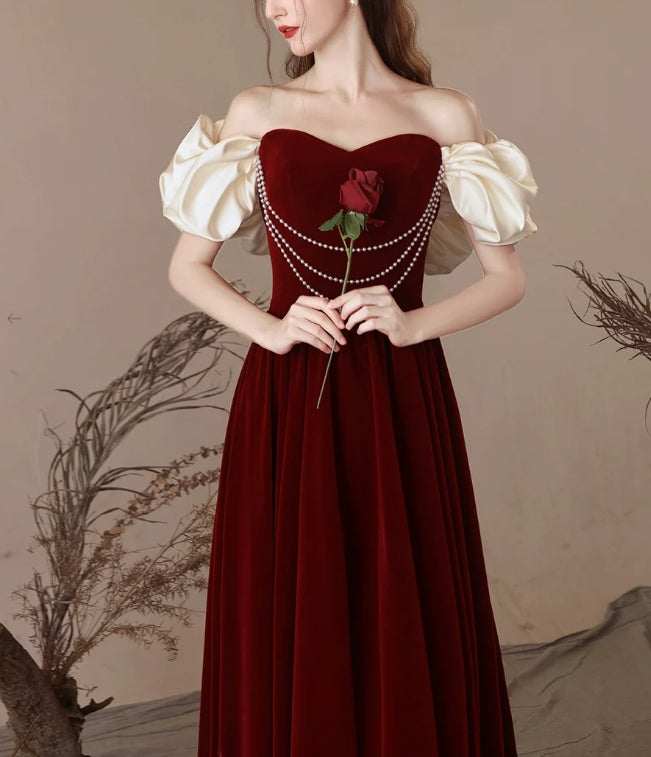 Luolandi A-Line Sweetheart Neck Velvet Burgundy Long Prom Dress Evening Dress Off Shoulder Elegant