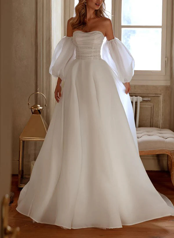 Luolandi Elegant Organza Wedding Dress With Beading And A-Line Silhouette Off Shoulder Floor Length