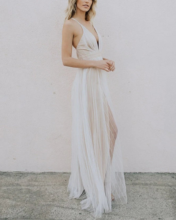 Luolandi Sexy Tulle Spaghetti Straps Neckline A-line Wedding Dresses V-neck Formal Dress Party Dress