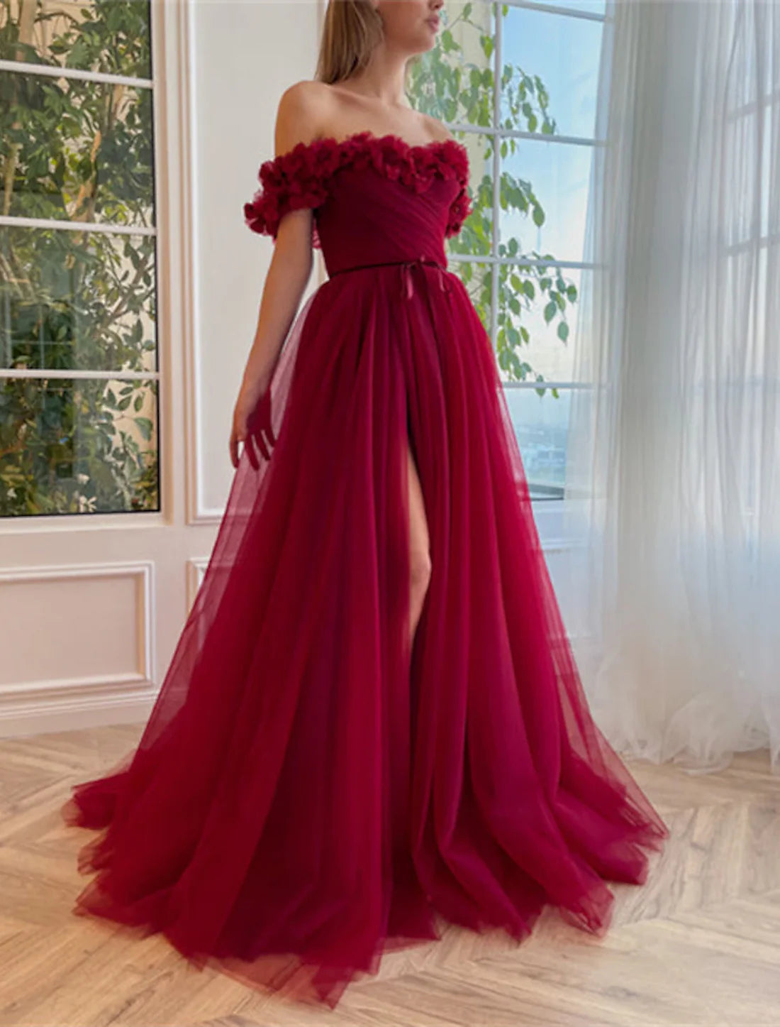 Luolandi A-Line Prom Dresses Floral Dress Wedding Guest Wedding Party Sweep / Brush Train Short Sleeve Off Shoulder Tulle with Slit