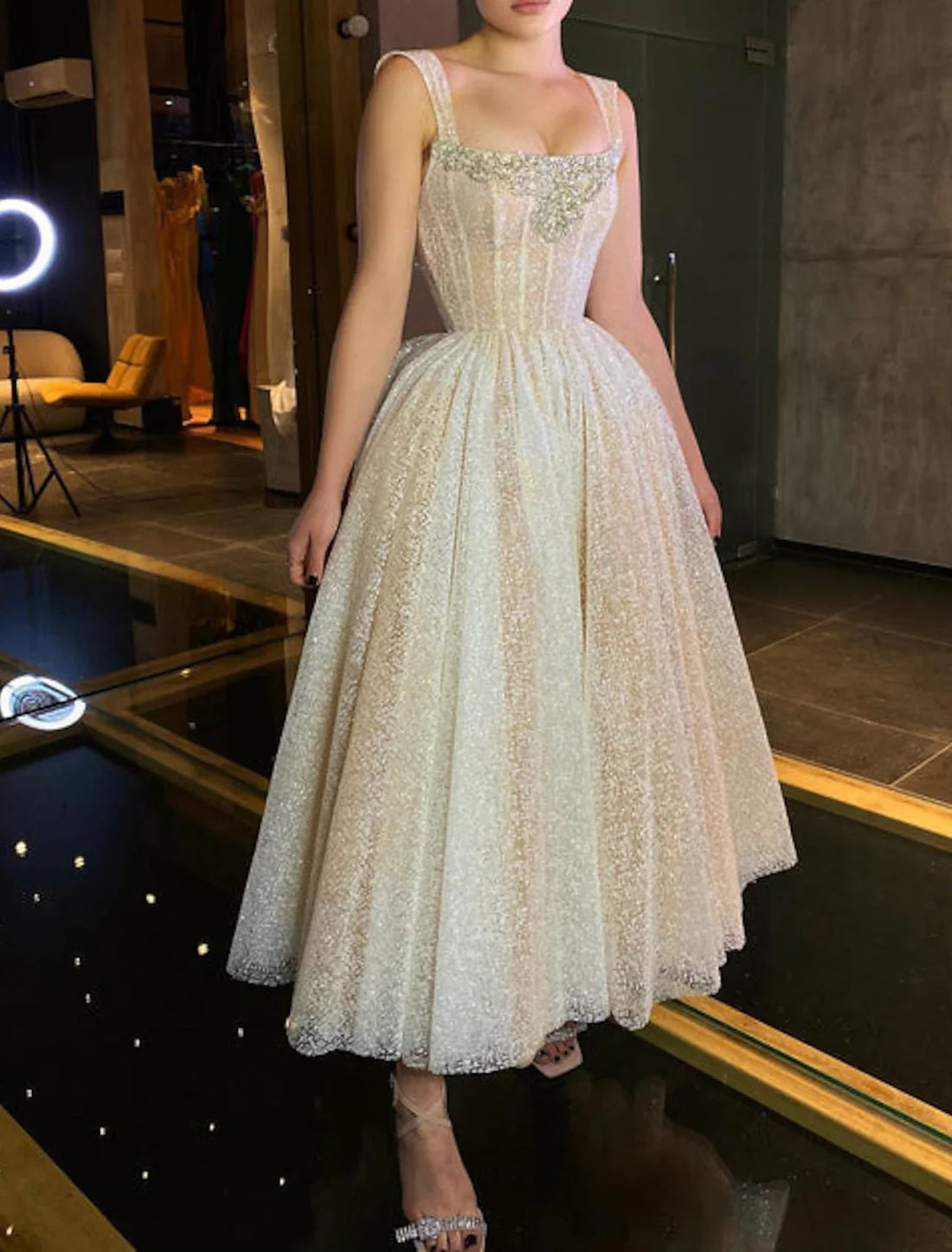 Luolandi Ball Gown Prom Dresses Corsets Dress Graduation Wedding Party Dress Ankle Length Sleeveless Spaghetti Strap Tulle with Sequin Sparkly