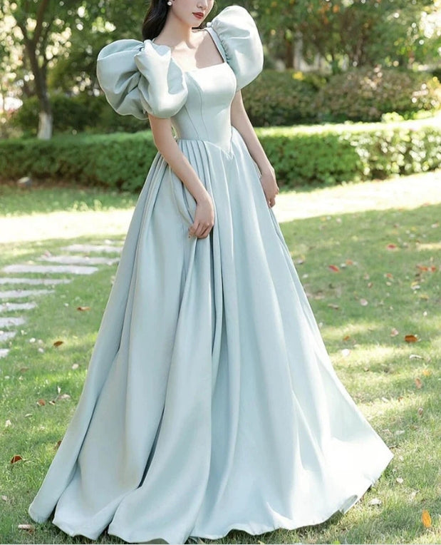 Luolandi Green Princess A-Line Prom Dress Beautiful Puff Sleeve Formal Party Dress Floor Length