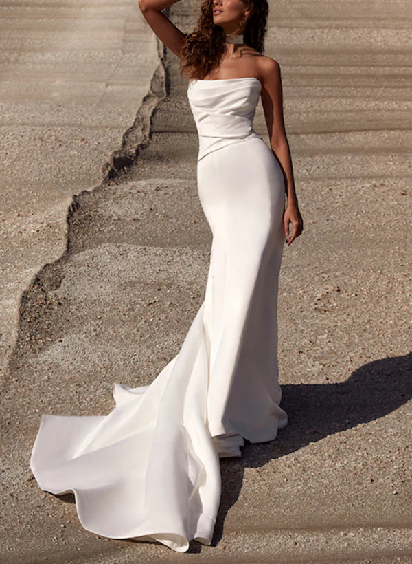 Luolandi Strapless Trumpet Mermaid Satin Wedding Dresses With Court Train Off Shoulder Simple Solid Color