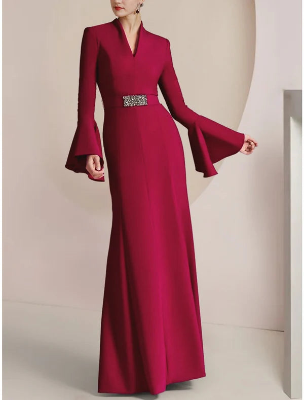 Luolandi A-Line Mother of the Bride Dress Wedding Guest Party Elegant V Neck Floor Length Chiffon Long Sleeve with Pleats