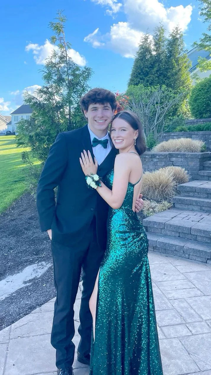 Luolandi Emerald Green Backless Sequined Long Prom Dress with Slit Sparkly Evening Dress