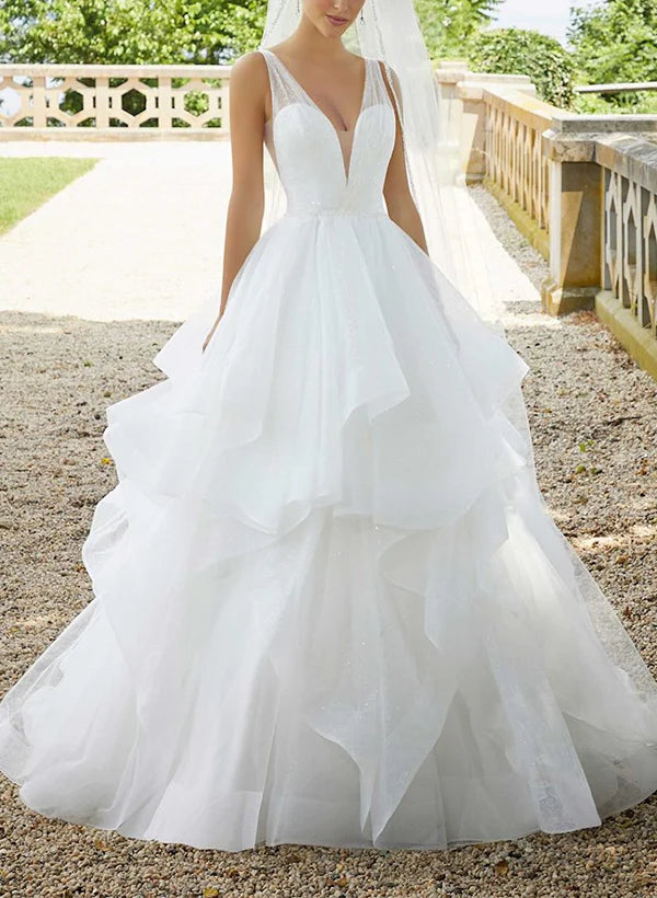 Luolandi Elegant Tulle Cascading Ruffles V-Neck Wedding Dresses Sleeveless Floor Length Open Back Sexy