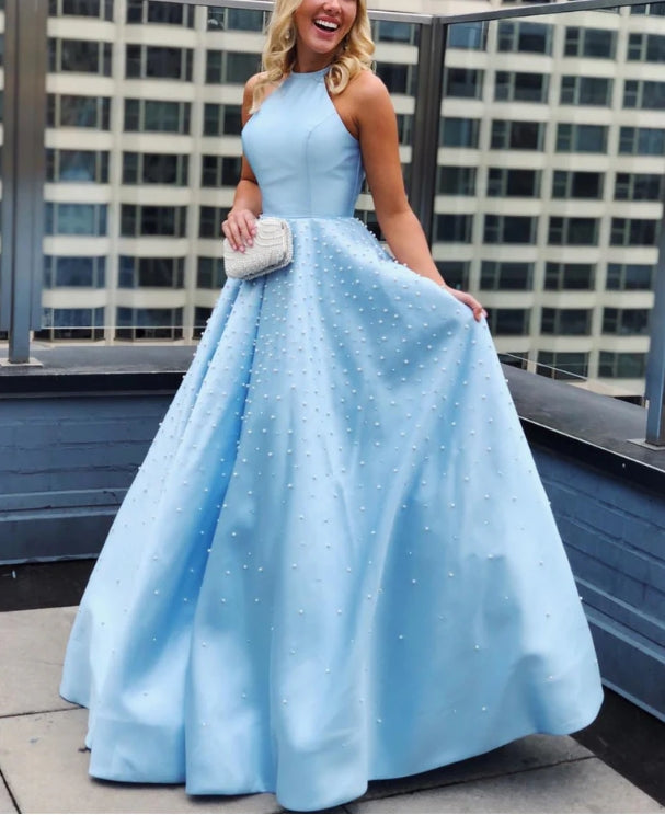 Luolandi Brilliant Satin Jewel Pearls A-line Evening Dresses Sleeveless Floor Length Prom Dresses