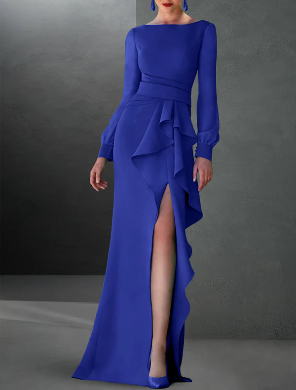 Luolandi A-Line Evening Gown Party Dress Sweep / Brush Train Long Sleeve Jewel Neck Chiffon with Ruffles Slit Solid Color