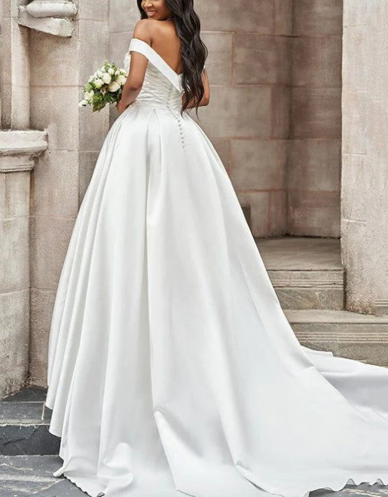 Luolandi Off-The-Shoulder A-Line Wedding Dresses Floor Length Solid Color Elegant Simple