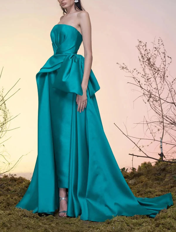 Luolandi A-Line Party Dress Celebrity Style Elegant Vintage Wedding Guest Prom Dress Strapless Sleeveless Court Train Satin with Bow(s) Overskirt Evening Dress