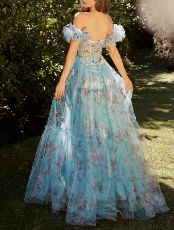 Luolandi Blue Floral Printed Party Dress Ball Gown Strapless Tulle Long Prom Dress Off Shoulder