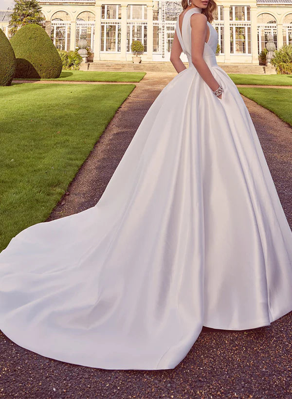 Luolandi A-Line Halter Sleeveless Sweep Train Satin Wedding Dresses With Pockets Floor Length Elegant
