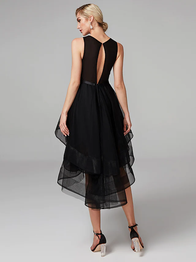 Luolandi Ball Gown Sparkle & Shine High Low Keyhole Cocktail Party Prom Dress Jewel Neck Sleeveless Knee Length Satin Tulle with Beading Cascading