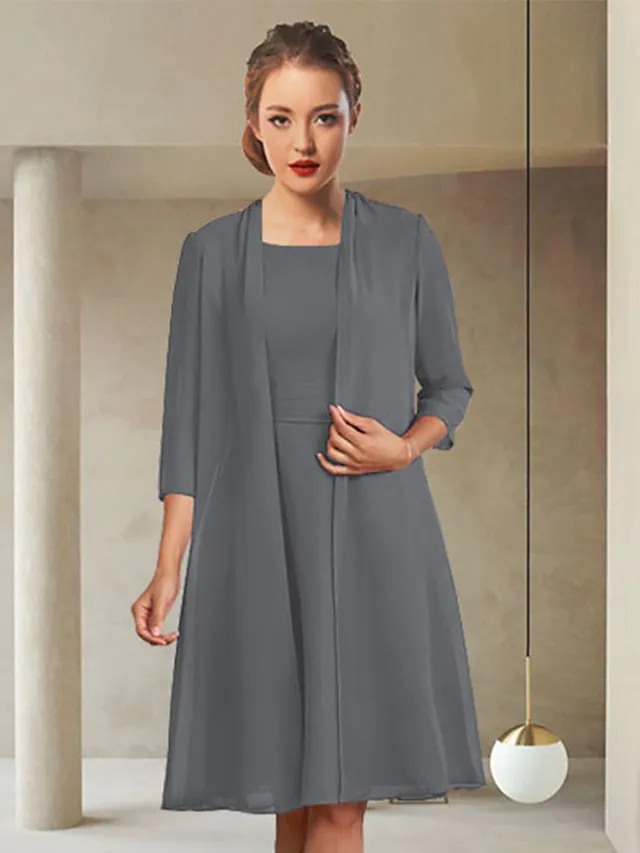 Luolandi Mother of the Bride Dress Elegant Jewel Neck Knee Length Chiffon Length Sleeve with Ruching Pure Color