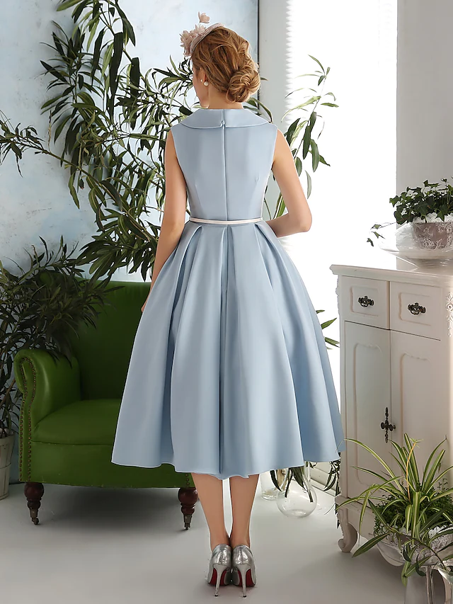 Luolandi A-Line Elegant Vintage Inspired Cocktail Party Prom Dress V Neck Sleeveless Tea Length
