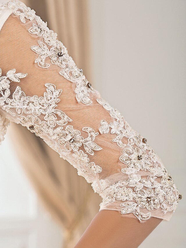 Luolandi Ball Gown Wedding Dresses V Neck Chapel Train Taffeta Half Sleeve See-Through with Ruched Beading