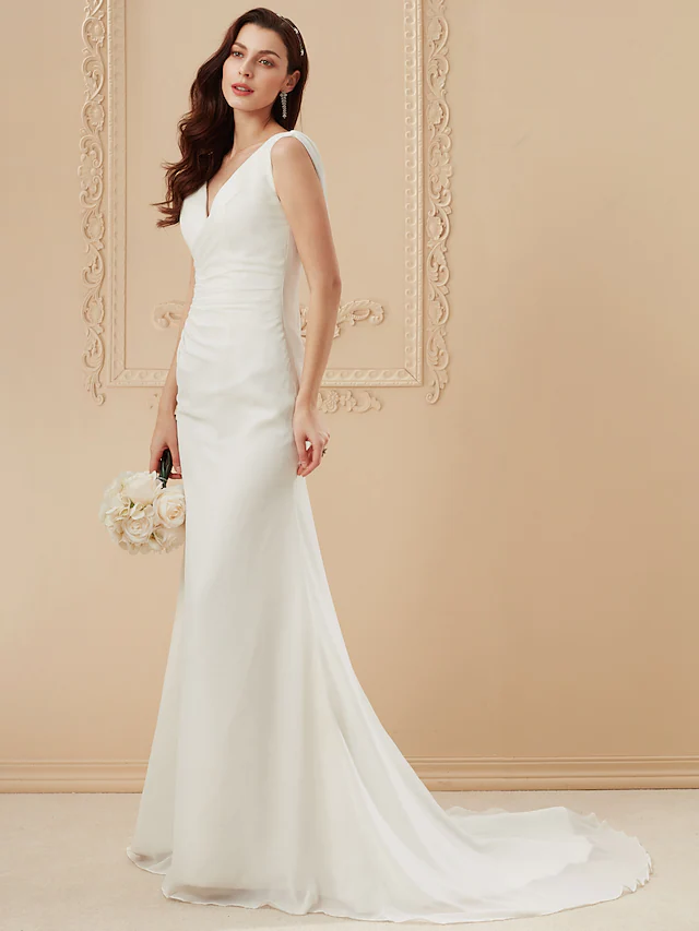 Luolandi Wedding Dresses V Neck Court Train Chiffon Over Satin Regular Straps Vintage Backless Elegant