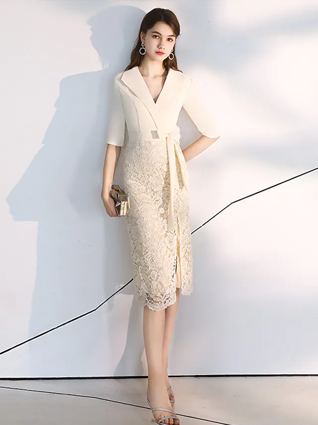 Luolandi Elegant bodycon Homecoming Cocktail Party Dress V Neck Half Sleeve Knee Length Lace Fabric with Sash