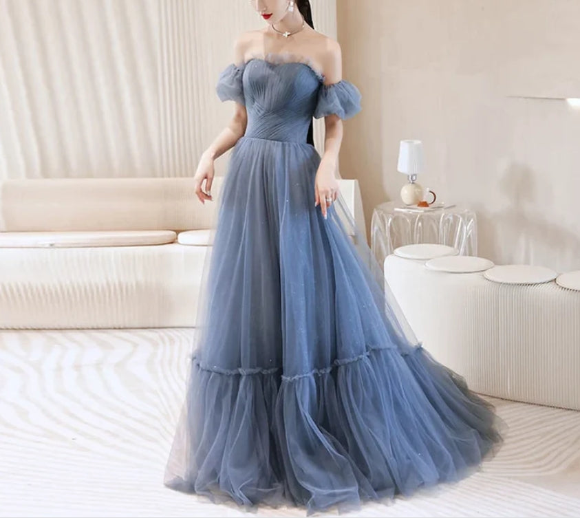 Luolandi Beautiful Blue Glitter Gown Dress Long Prom Long Dress Evening Gown Off Shoulder Elegant