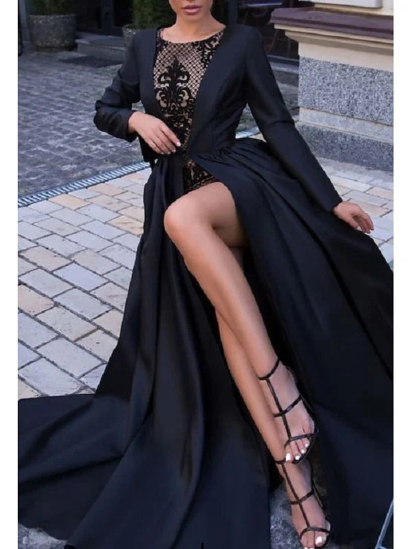 Luolandi A-Line Ball Gown Sweep/Brush Train Dress Long Sleeve Evening Dresses with Slit Elegant