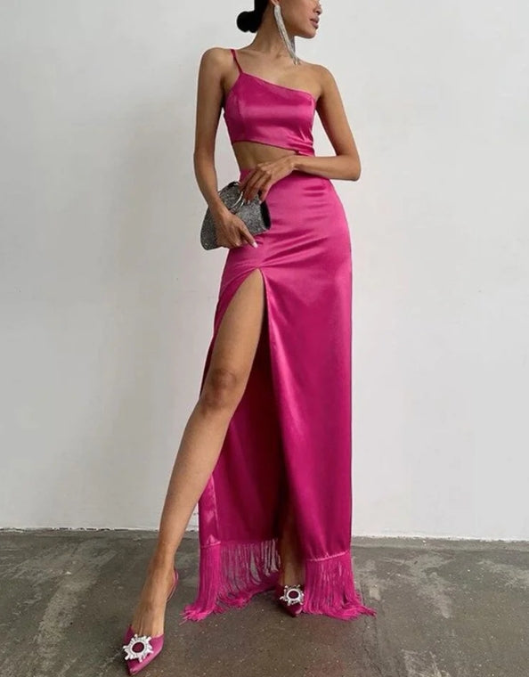 Luolandi Fuchsia One Shoulder Cut Out Long Prom Dress Evening Party Dress With Slit