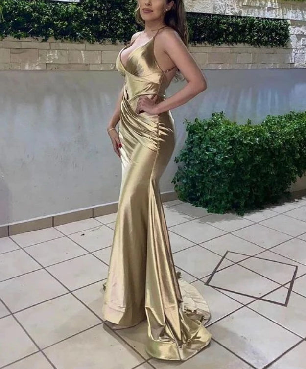 Luolandi Gold V Neck Mermaid Satin Formal Party Dress Sexy Evening Dress Formal Dress