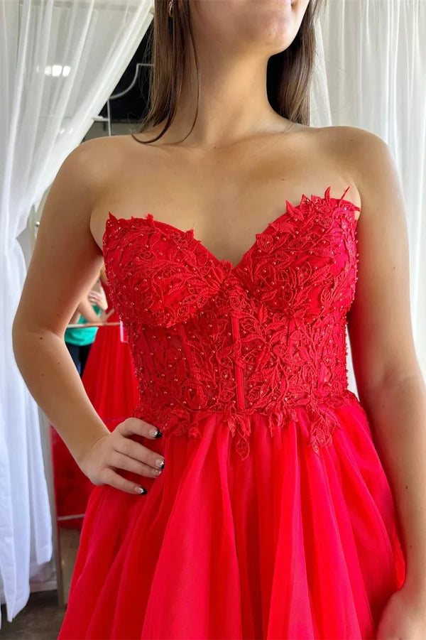 Luolandi Red Tulle Appliques Sweetheart Ruffle Long Prom Dress Off Shoulder Beautiful