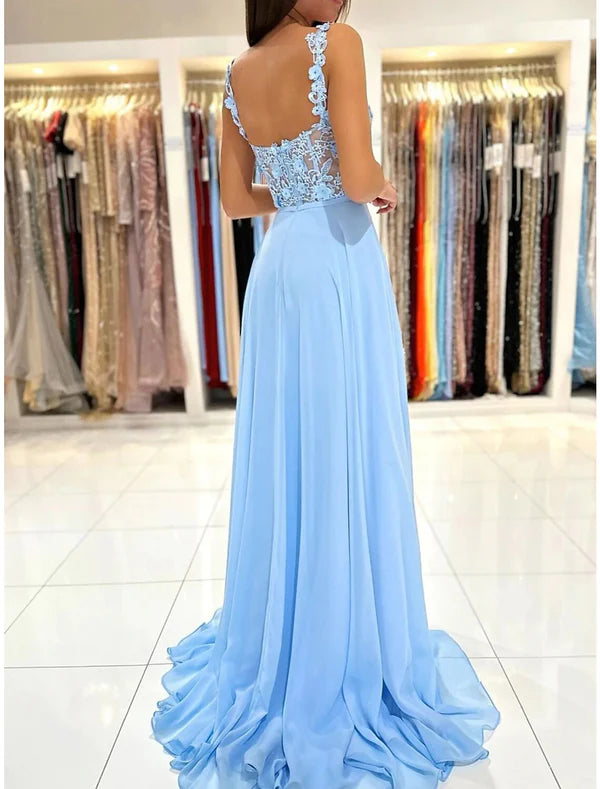 Luolandi A-Line Prom Dresses Empire Dress Formal Prom Court Train Sleeveless Spaghetti Strap Chiffon Backless with Appliques And Slit