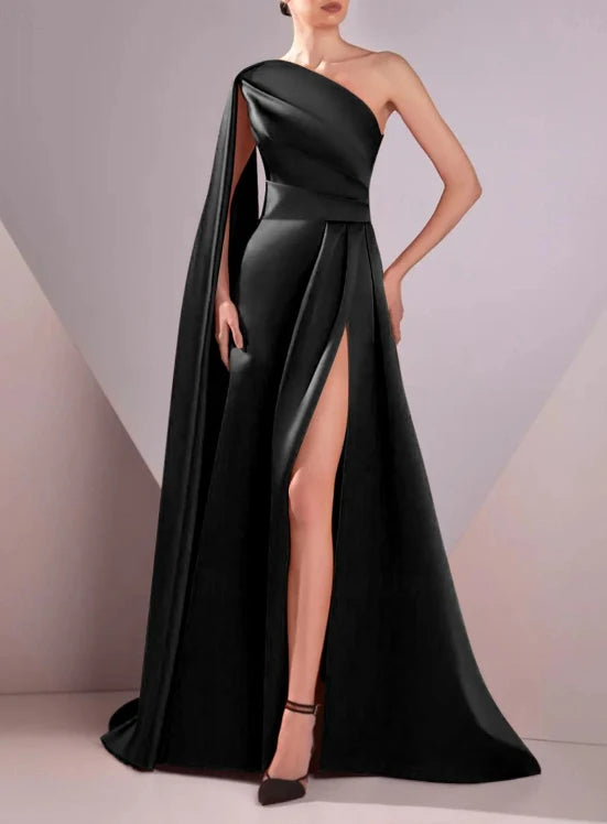 Luolandi A-Line Evening Gown Sleeveless One Shoulder Pocket Satin with Ruched Slit Elegant