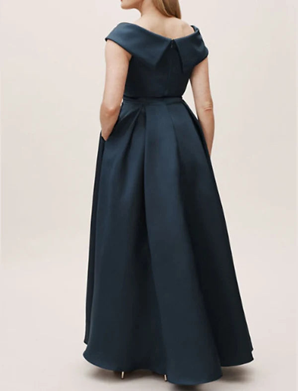 Luolandi A-Line Plus Size Prom Formal Evening Dress Off Shoulder Short Sleeve Floor Length Satin with Pleats Ruched Elegant