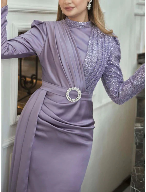 Luolandi A-Line Evening Gown Sparkle & Shine Dress Formal Christmas Floor Length Long Sleeve High Neck Satin with Glitter Ruched Elegant