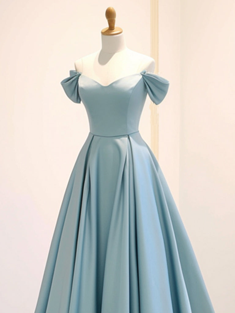 Luolandi A-Line Off Shoulder Satin Blue Long Prom Dress Formal Dress Elegant Evening Dress december wedding guest dress