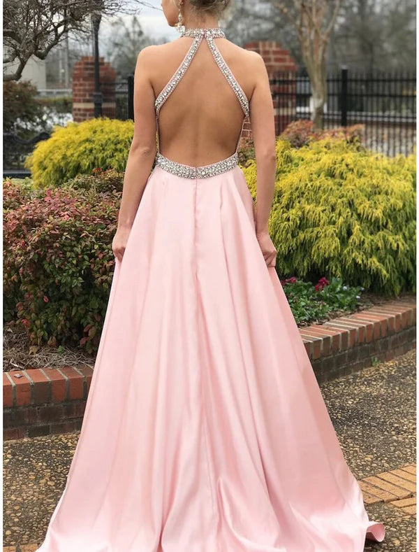 Luolandi A-Line Prom Dresses Beautiful Back Dress Wedding Guest Engagement Sweep / Brush Train Sleeveless Halter Neck Satin with Beading Evening Dress