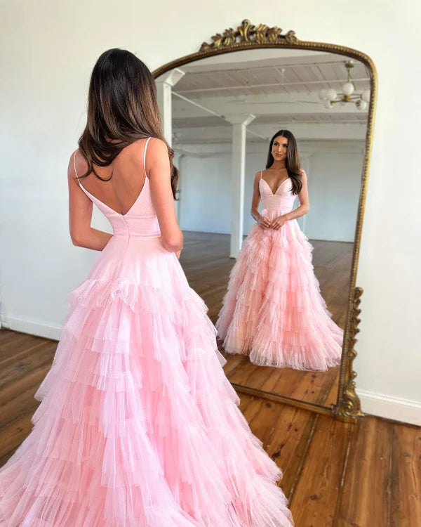 Luolandi Cute A Line V Neck Sweetheart Pink Tulle Long Prom Dresses Solid Color Floor Length
