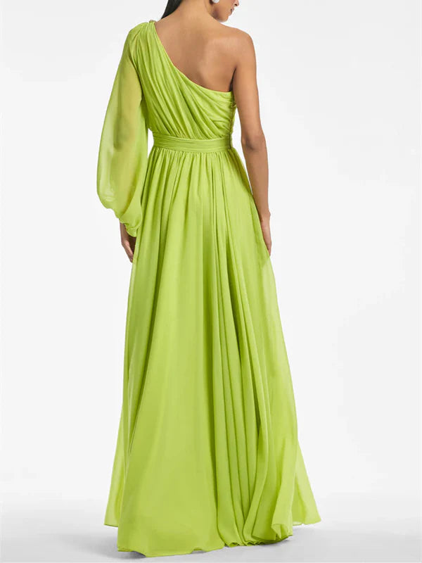 Luolandi A Line One Shoulder Floor-Length Evening Dress with Ruffles Party Dress