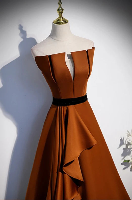 Luolandi Brown Satin Strapless Elegant Ruffled Prom Dress Evening Dress Off Shoulder Floor Length