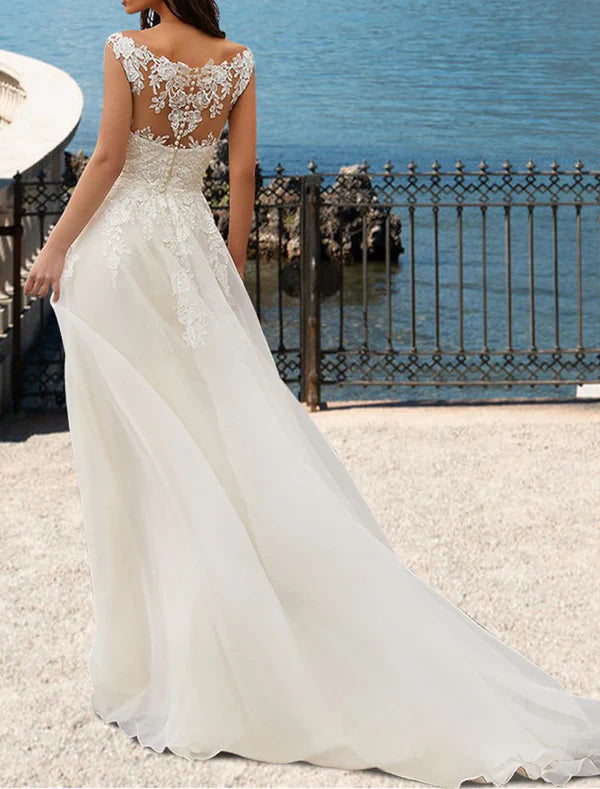 Luolandi Beach Open Back Wedding Dresses A-Line V Neck Sleeveless Court Train Lace Bridal Gowns With Appliques Beautiful
