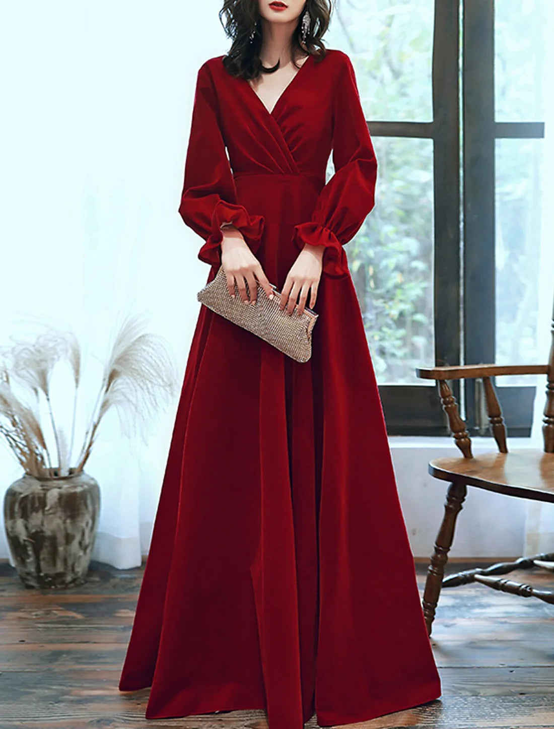 Luolandi A-Line Minimalist Elegant Engagement Formal Evening Dress V Neck Long Sleeve Floor Length Velvet with Pleats Ruffles Party Dress