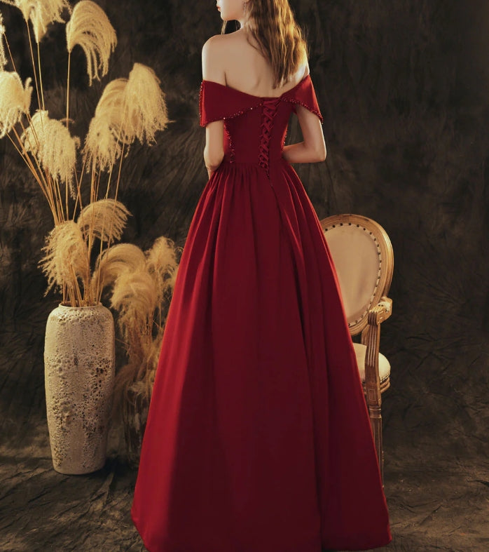 Luolandi A-Line Off Shoulder Satin Burgundy Long Prom Dress Formal Evening Dress december wedding guest dress