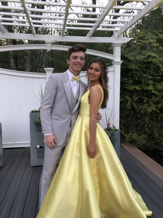 Luolandi Yellow Satin V Neck A-Line Long Prom Dress Formal Party Dress Elegant Evening Dress