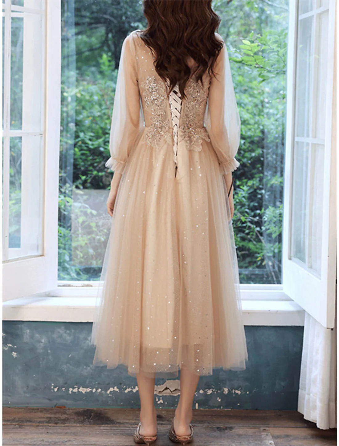 Luolandi A-Line Sparkle Elegant Prom Formal Evening Birthday Dress V Neck 3/4 Length Sleeve Tea Length Tulle with Sequin Appliques Party Dress