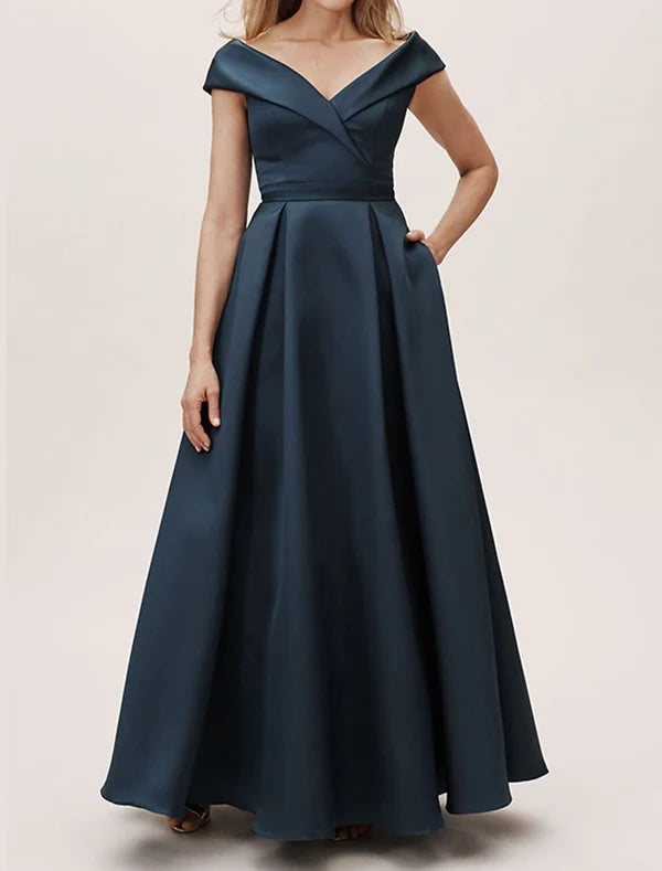 Luolandi A-Line Plus Size Prom Formal Evening Dress Off Shoulder Short Sleeve Floor Length Satin with Pleats Ruched Elegant