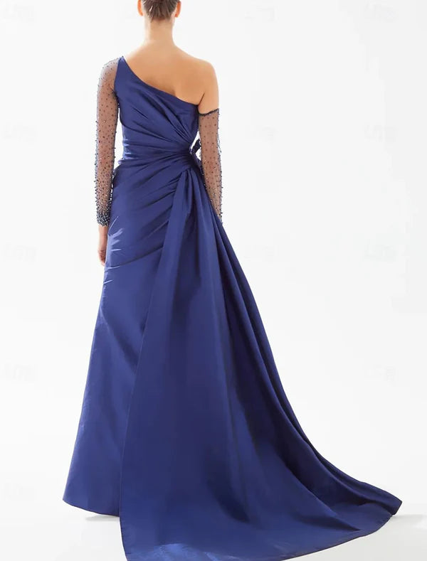 Luolandi A-Line Evening Gown Formal Floor Length Long Sleeve One Shoulder Satin Prom Dress with Bow And Slit