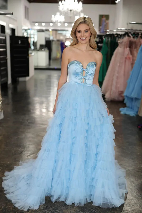 Luolandi Light Blue Sweetheart Tiered Tulle Long Prom Dresses Off Shoulder With Bow(s)
