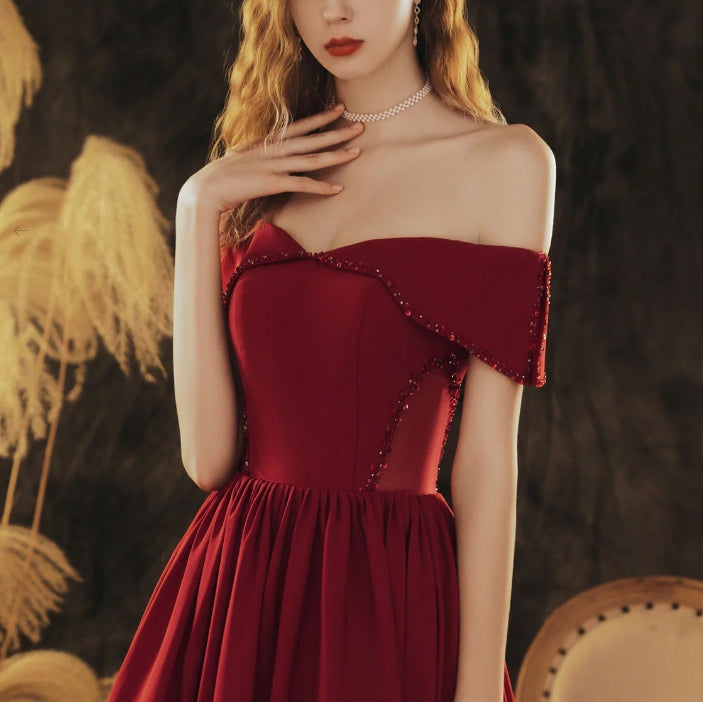 Luolandi A-Line Off Shoulder Satin Burgundy Long Prom Dress Formal Evening Dress december wedding guest dress