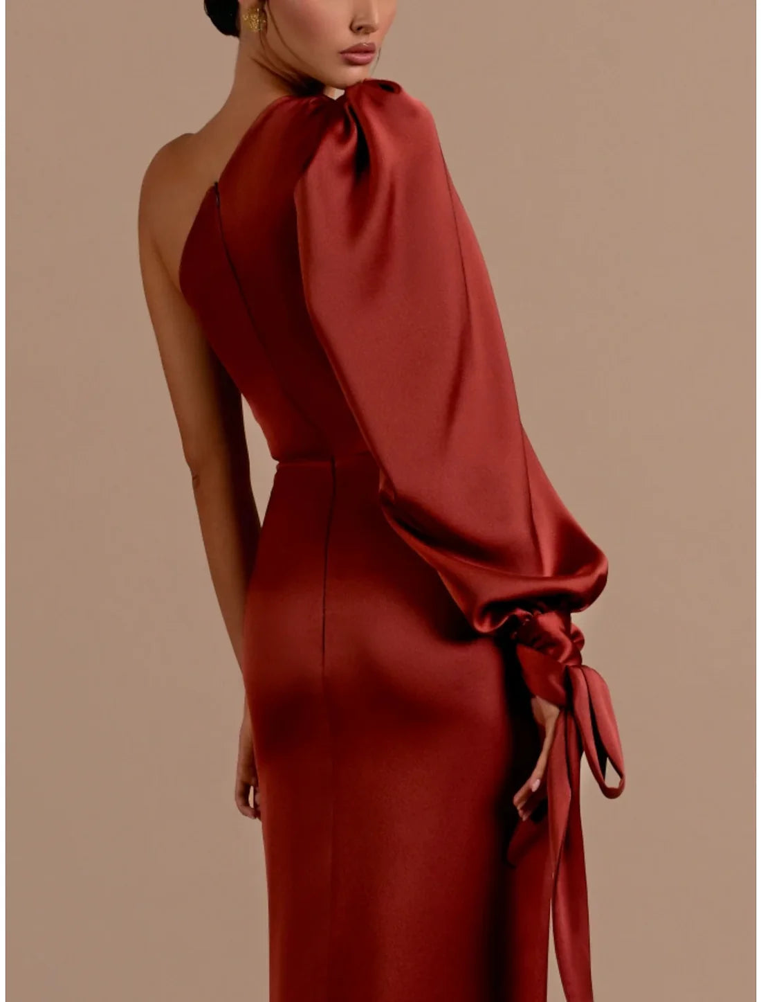 Luolandi A-Line Evening Gown Elegant Dress Formal Sweep / Brush Christmas Red Green Dress Train Long Sleeve One Shoulder Satin with Feather Ruched Strappy Party Dress