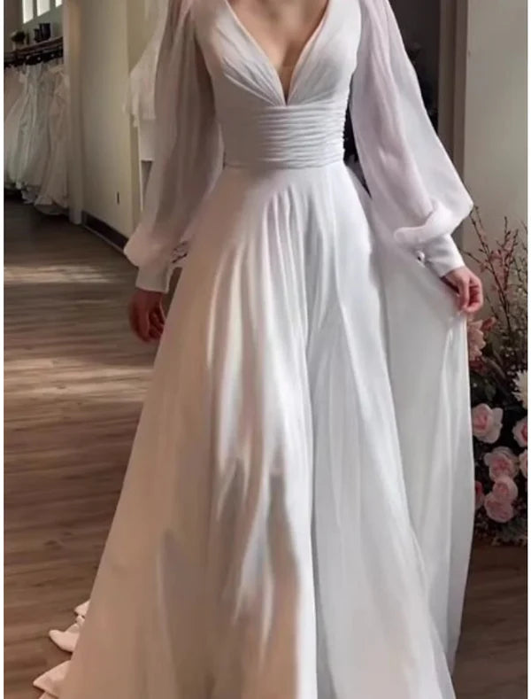 Luolandi Simple Wedding Dresses A-Line Off Shoulder Cap Sleeve Tea Length Satin Bridal Gowns With Pleats V-neck Sexy