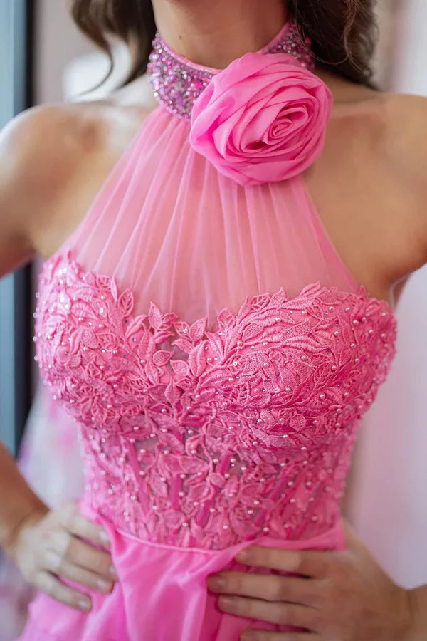 Luolandi Pink Halter Tiered Chiffon Long Prom Dresses with Appliques And Slit Floor Length