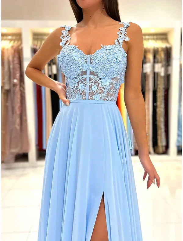 Luolandi A-Line Prom Dresses Empire Dress Formal Prom Court Train Sleeveless Spaghetti Strap Chiffon Backless with Appliques And Slit